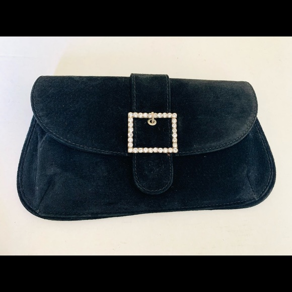 Black real suede leather evening purse clutch square buckle w shiny rhinestones - Picture 3 of 8